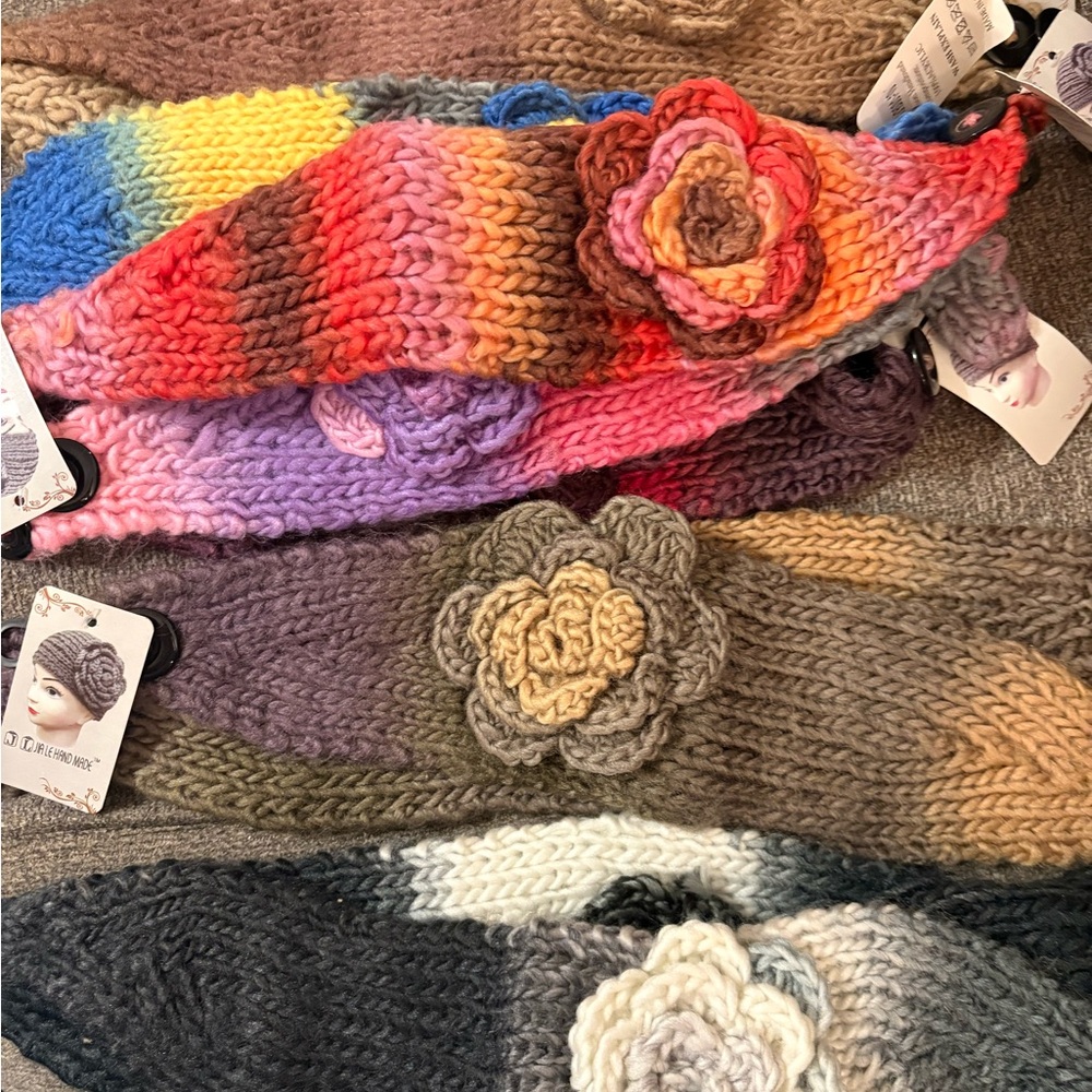 12 Chunky Knitted Flower Fashion Headbands - Multicolor